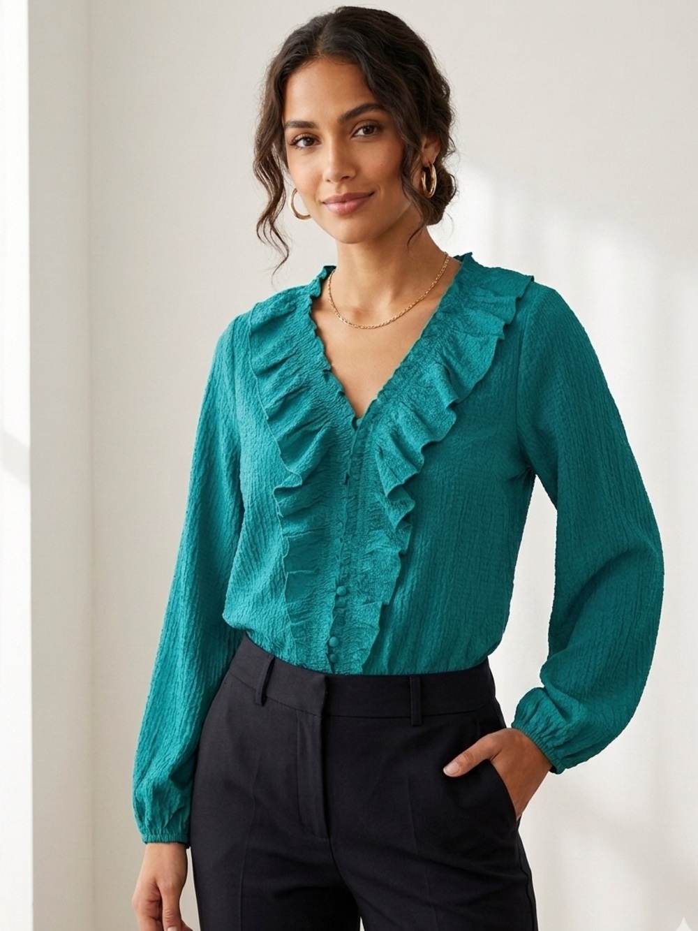 NWT Marc New York teal blue green ruffle front crepe blouse size small